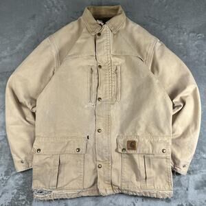 Vintage 80s Carhartt Beige Tan Duck Chore Heavy Jacket Coat USA Union Made SZ L